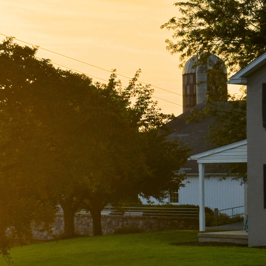 The Silo at Sunset at Plain & Fancy Farm in Intercourse PA